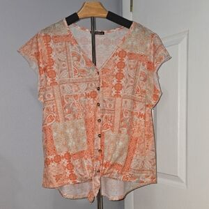 Orange Cap Sleeve Notched Collar Button Down Top